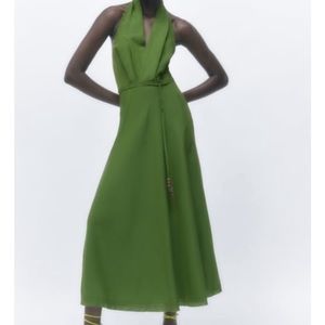 Zara green linen blend halter midi dress